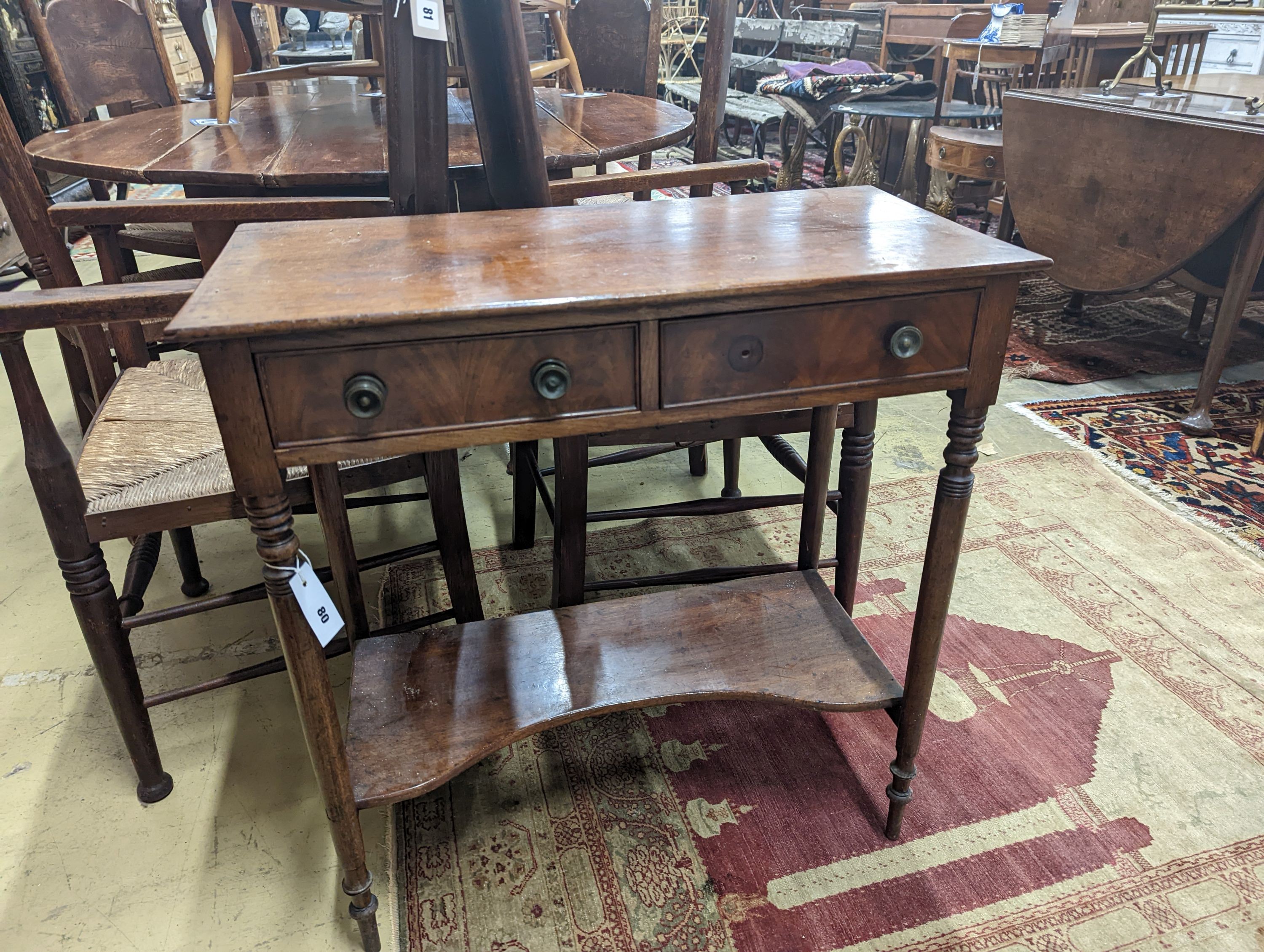 A Regency mahogany two tier side table, width 74cm, depth 36cm, height 77cm